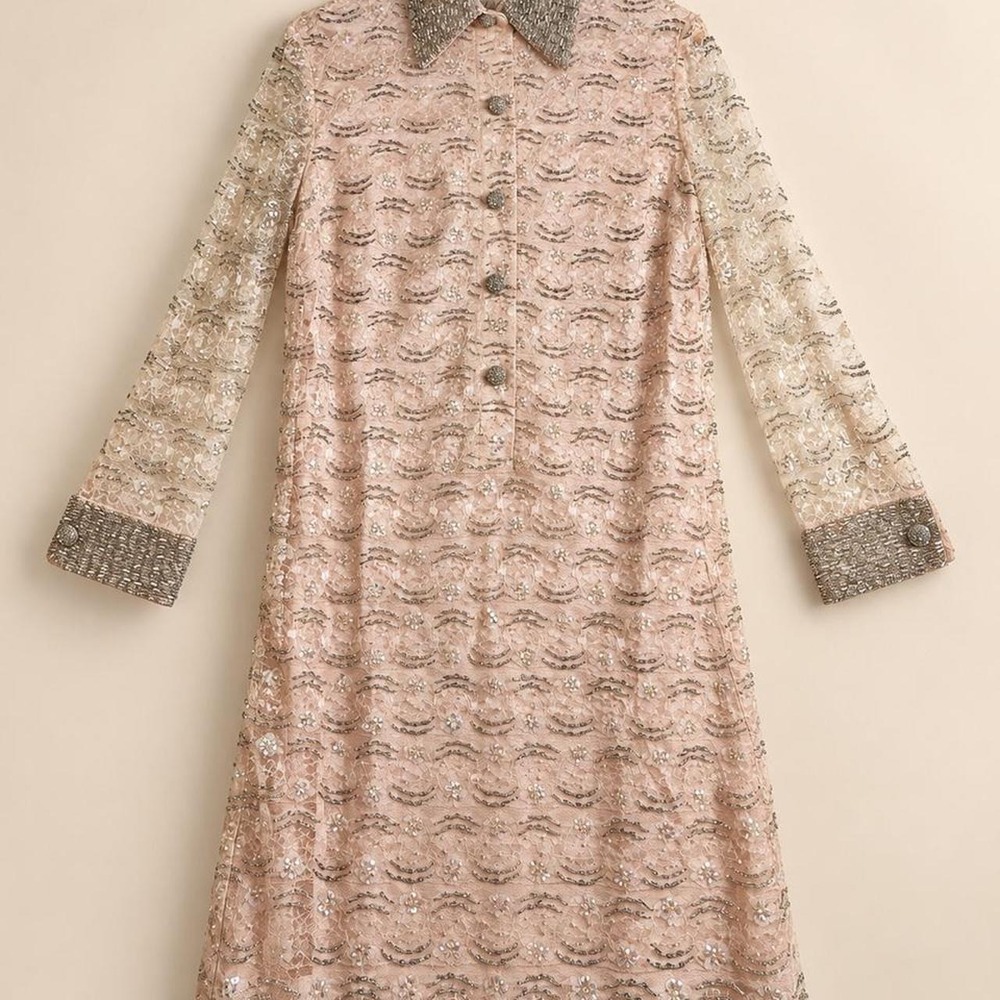 Vintage Colt Orient Beaded Lace Sequin Coat Dress Pink Silver Size 16 Glam